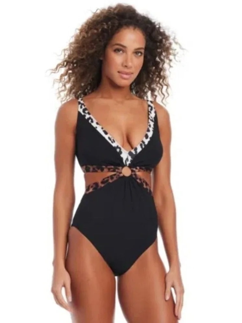 Bar III Women's In My Skin Mid- Ring One Piece In Black With Leopard Accents